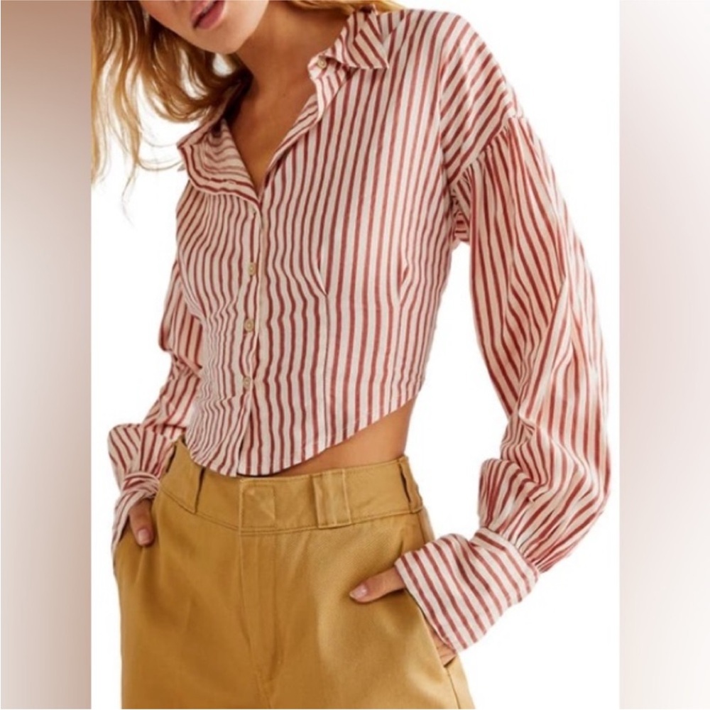 Free People Red and White Striped Button Down Shirt